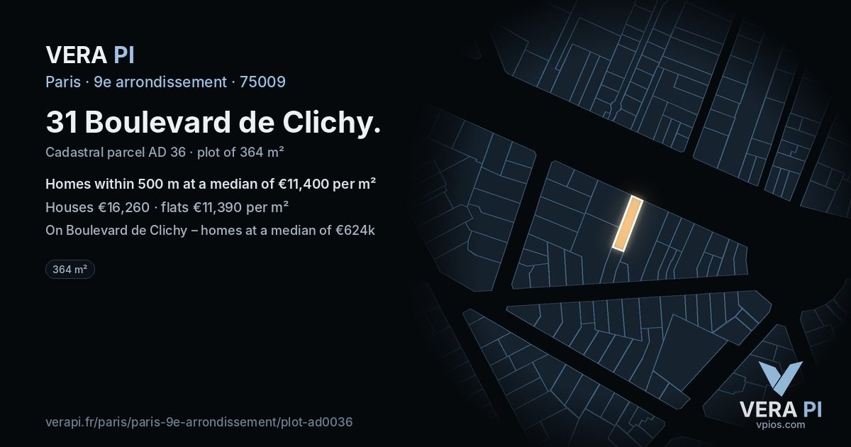 31 Boulevard de Clichy, 9e arrondissement at night – the plot lit, the parcels around coloured by the prices near them
