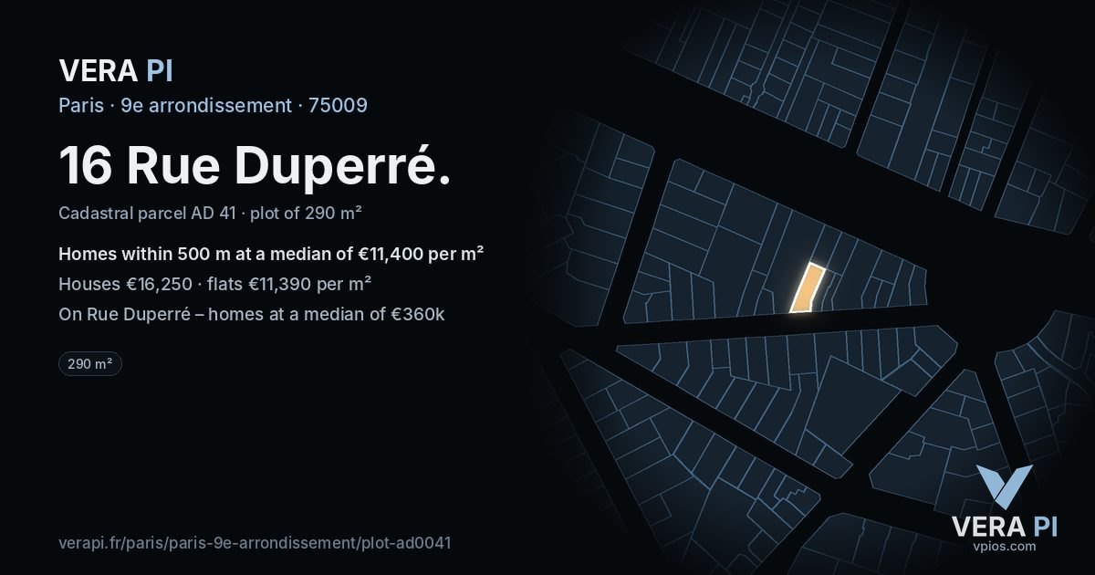 16 Rue Duperré, 9e arrondissement at night – the plot lit, the parcels around coloured by the prices near them