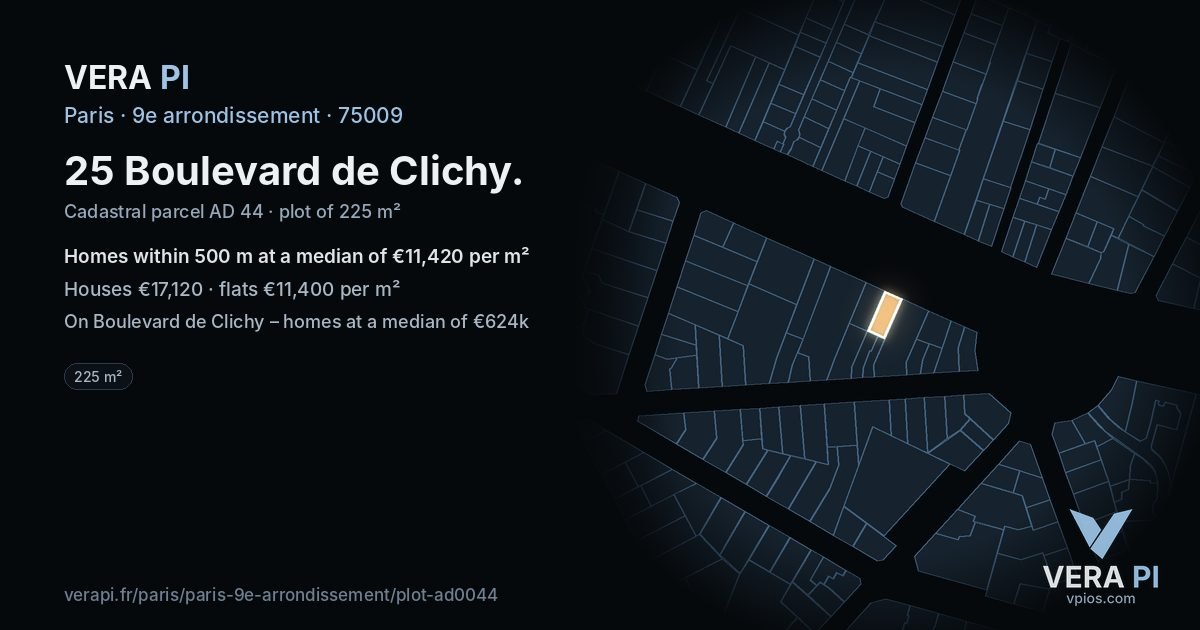 25 Boulevard de Clichy, 9e arrondissement at night – the plot lit, the parcels around coloured by the prices near them
