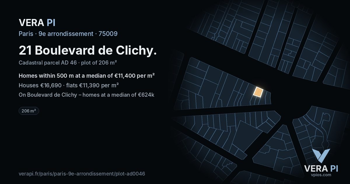 21 Boulevard de Clichy, 9e arrondissement at night – the plot lit, the parcels around coloured by the prices near them