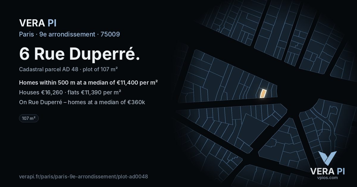 6 Rue Duperré, 9e arrondissement at night – the plot lit, the parcels around coloured by the prices near them