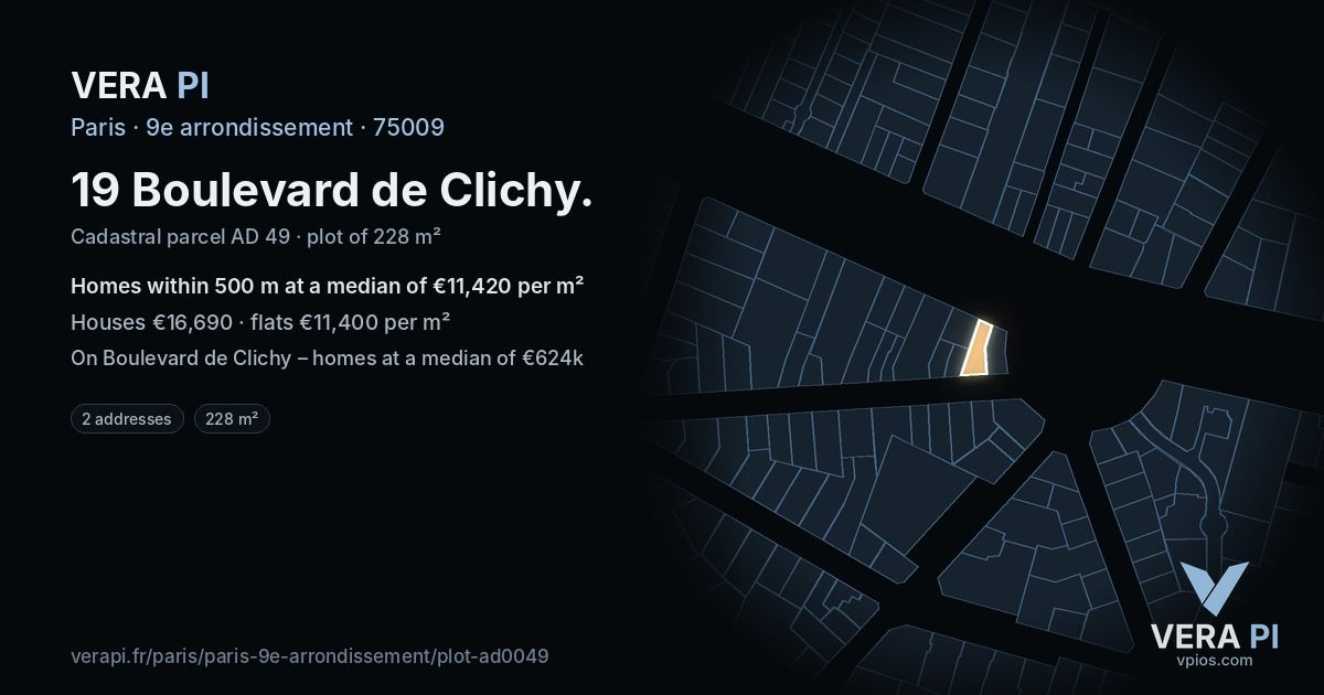 19 Boulevard de Clichy, 9e arrondissement at night – the plot lit, the parcels around coloured by the prices near them