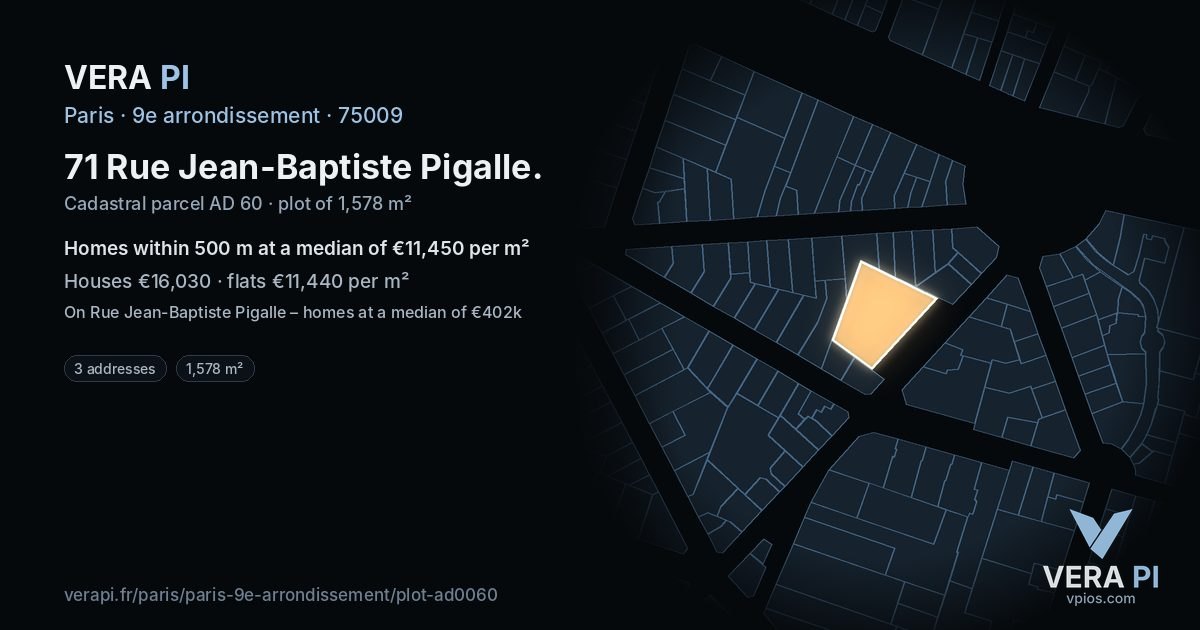 71 Rue Jean-Baptiste Pigalle, 9e arrondissement at night – the plot lit, the parcels around coloured by the prices near them