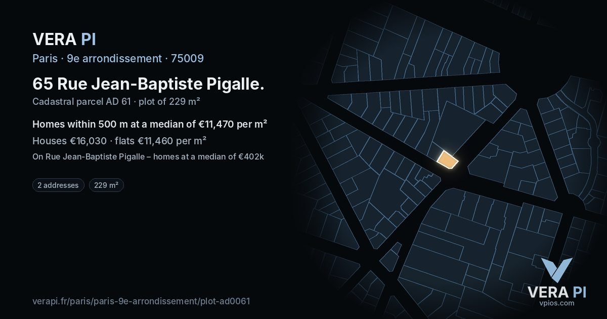 65 Rue Jean-Baptiste Pigalle, 9e arrondissement at night – the plot lit, the parcels around coloured by the prices near them