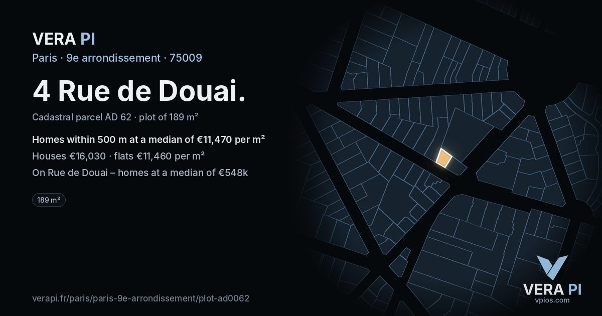 4 Rue de Douai, 9e arrondissement at night – the plot lit, the parcels around coloured by the prices near them
