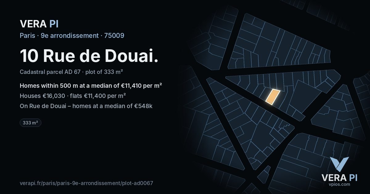 10 Rue de Douai, 9e arrondissement at night – the plot lit, the parcels around coloured by the prices near them
