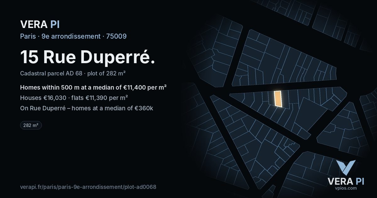 15 Rue Duperré, 9e arrondissement at night – the plot lit, the parcels around coloured by the prices near them