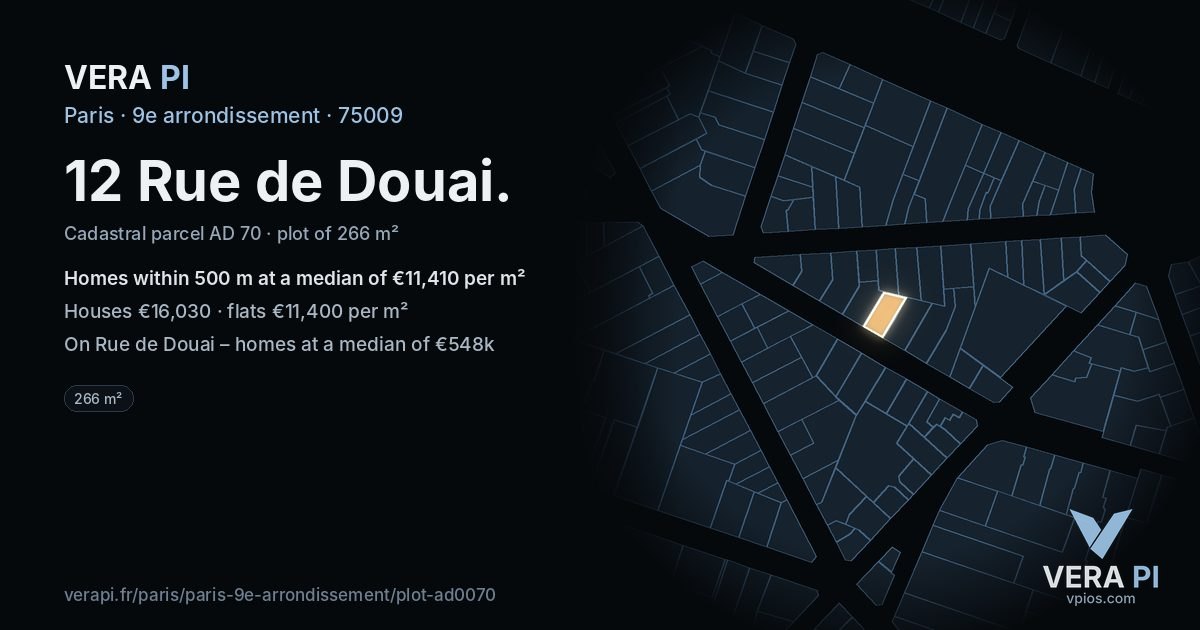 12 Rue de Douai, 9e arrondissement at night – the plot lit, the parcels around coloured by the prices near them