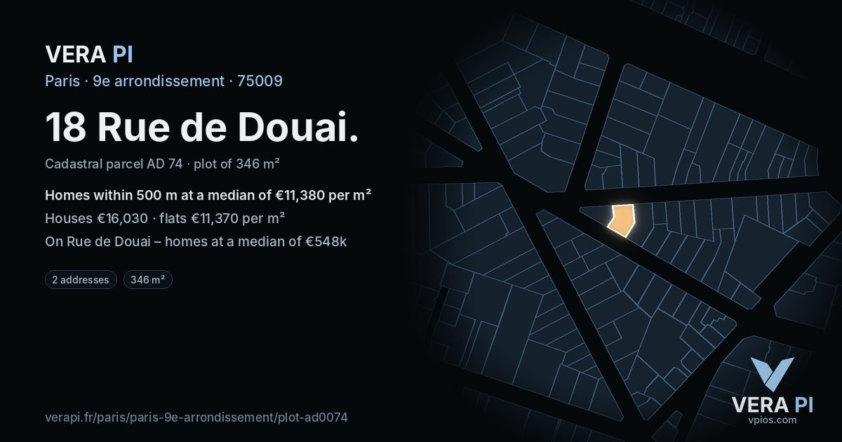 18 Rue de Douai, 9e arrondissement at night – the plot lit, the parcels around coloured by the prices near them