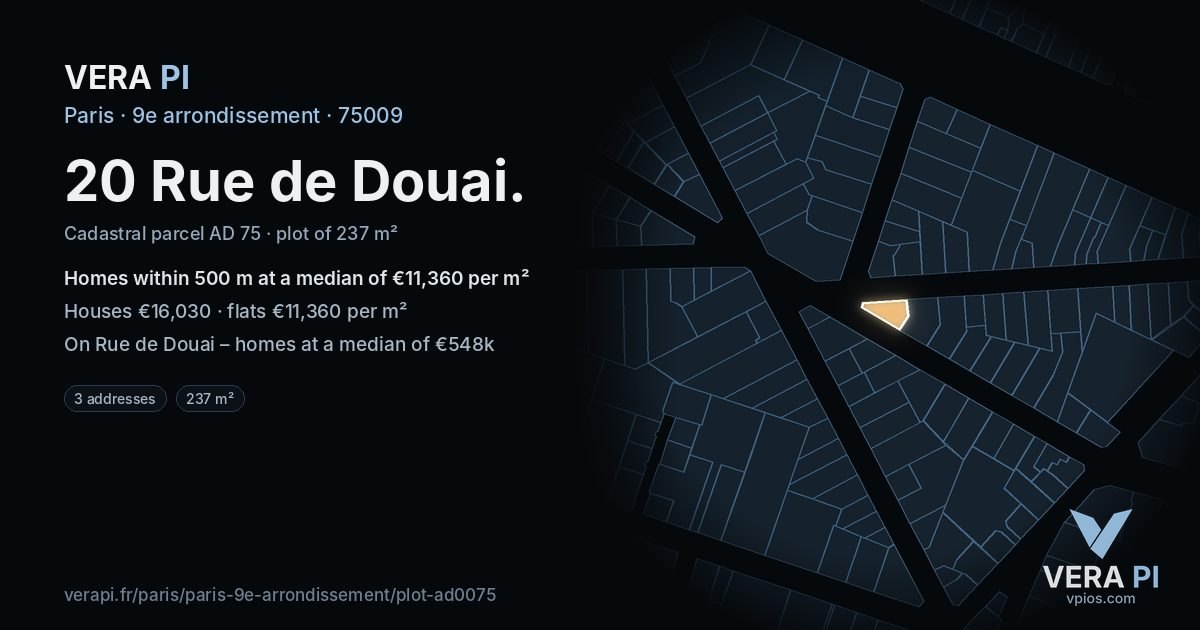 20 Rue de Douai, 9e arrondissement at night – the plot lit, the parcels around coloured by the prices near them