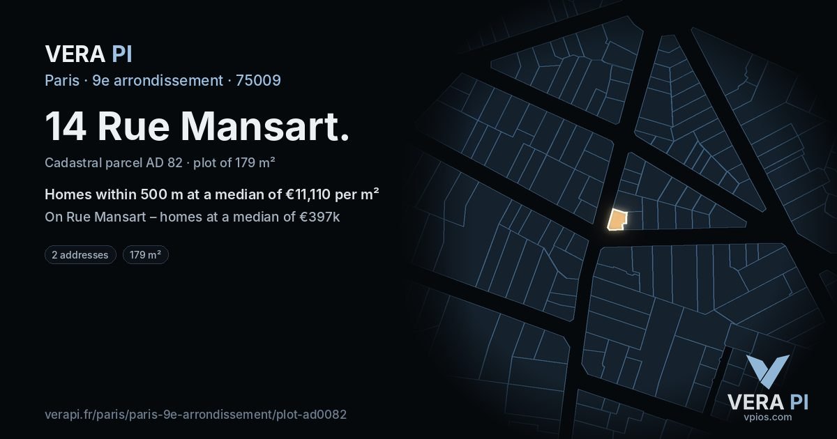 14 Rue Mansart, 9e arrondissement at night – the plot lit, the parcels around coloured by the prices near them