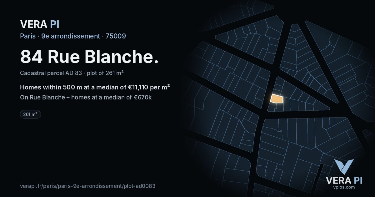 84 Rue Blanche, 9e arrondissement at night – the plot lit, the parcels around coloured by the prices near them