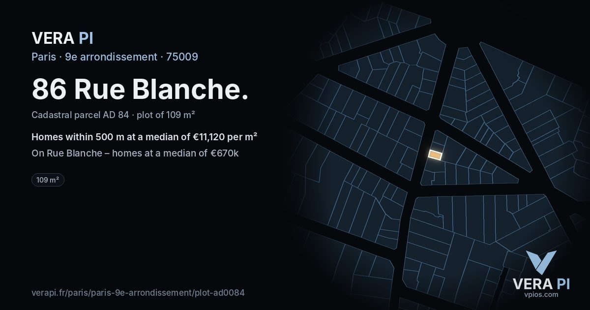 86 Rue Blanche, 9e arrondissement at night – the plot lit, the parcels around coloured by the prices near them