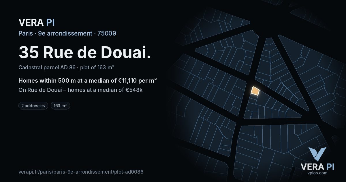 35 Rue de Douai, 9e arrondissement at night – the plot lit, the parcels around coloured by the prices near them