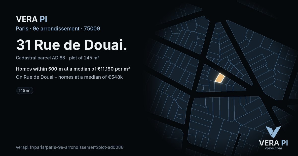 31 Rue de Douai, 9e arrondissement at night – the plot lit, the parcels around coloured by the prices near them