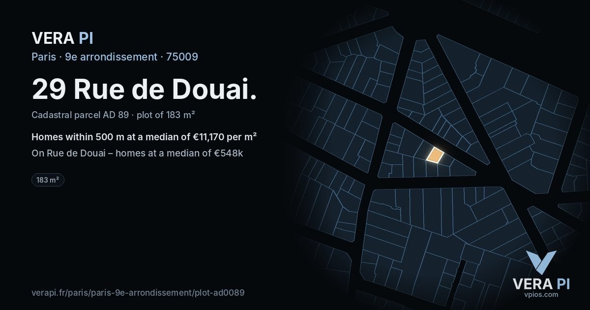 29 Rue de Douai, 9e arrondissement at night – the plot lit, the parcels around coloured by the prices near them