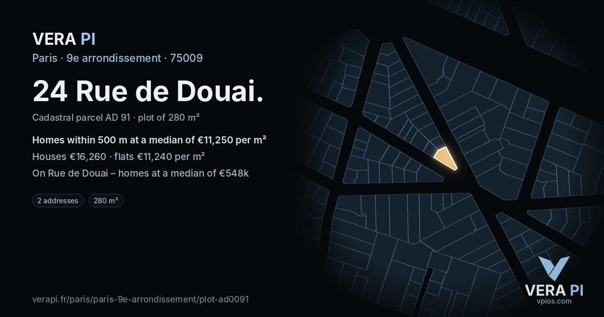 24 Rue de Douai, 9e arrondissement at night – the plot lit, the parcels around coloured by the prices near them