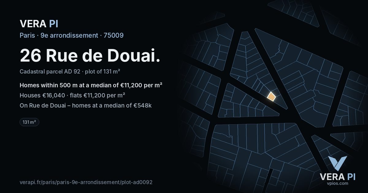 26 Rue de Douai, 9e arrondissement at night – the plot lit, the parcels around coloured by the prices near them