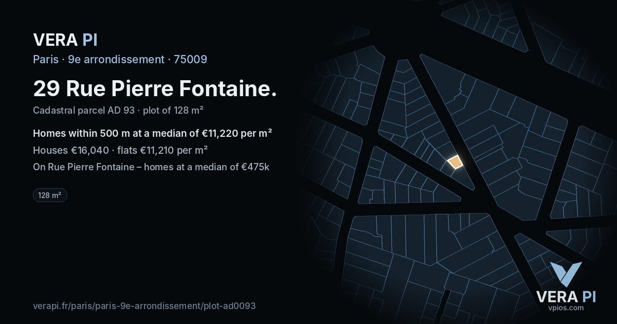 29 Rue Pierre Fontaine, 9e arrondissement at night – the plot lit, the parcels around coloured by the prices near them