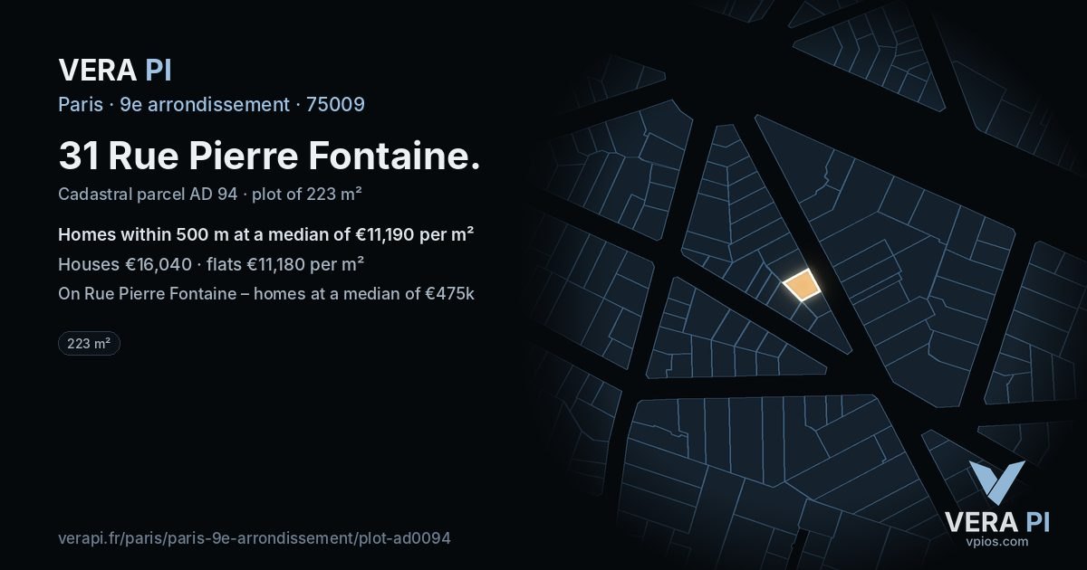 31 Rue Pierre Fontaine, 9e arrondissement at night – the plot lit, the parcels around coloured by the prices near them