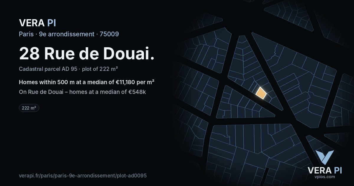 28 Rue de Douai, 9e arrondissement at night – the plot lit, the parcels around coloured by the prices near them