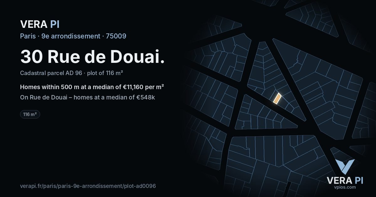 30 Rue de Douai, 9e arrondissement at night – the plot lit, the parcels around coloured by the prices near them