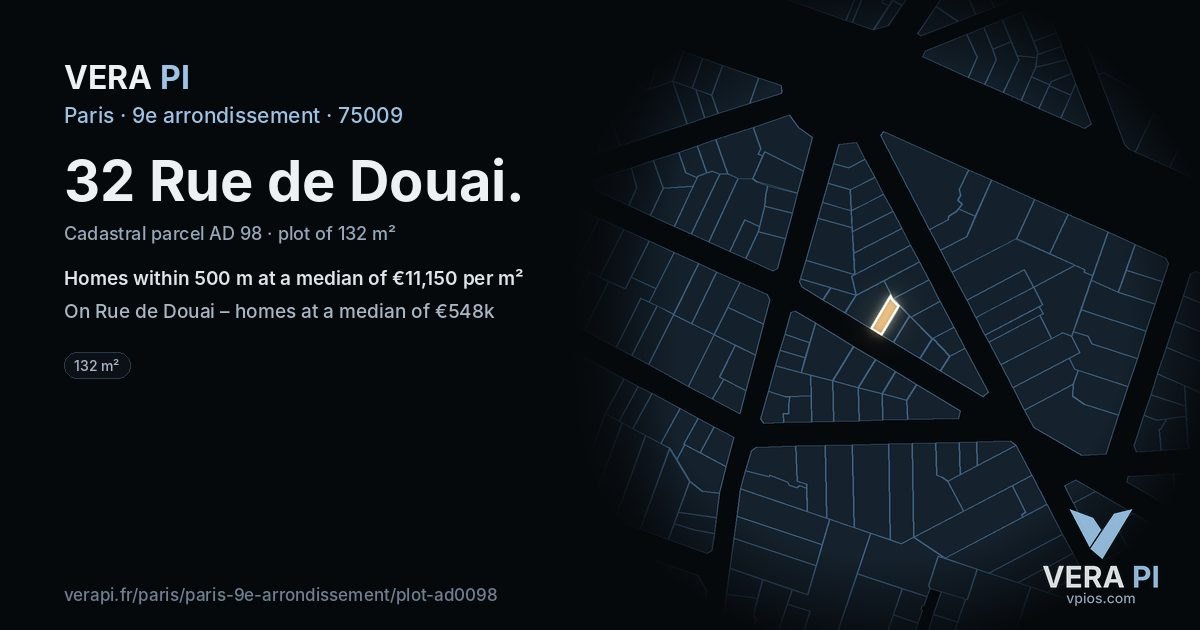 32 Rue de Douai, 9e arrondissement at night – the plot lit, the parcels around coloured by the prices near them