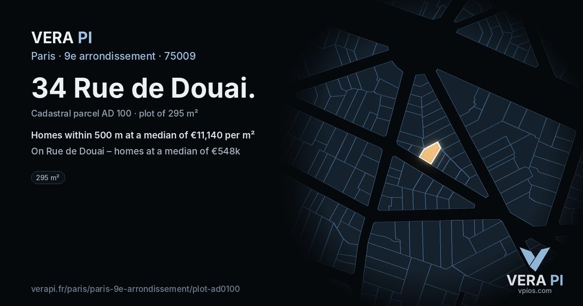 34 Rue de Douai, 9e arrondissement at night – the plot lit, the parcels around coloured by the prices near them