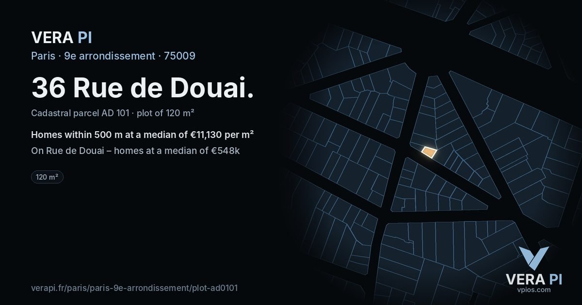 36 Rue de Douai, 9e arrondissement at night – the plot lit, the parcels around coloured by the prices near them