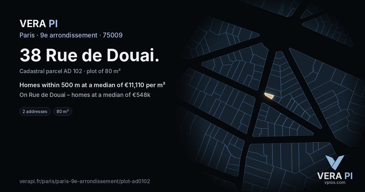 38 Rue de Douai, 9e arrondissement at night – the plot lit, the parcels around coloured by the prices near them