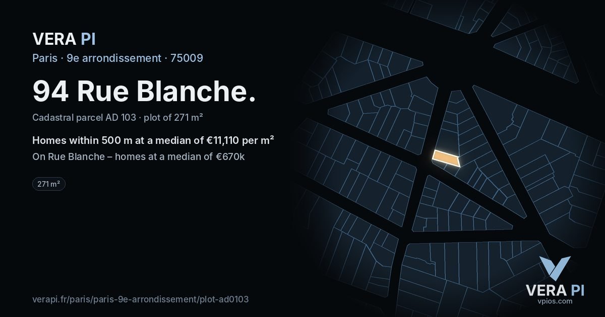 94 Rue Blanche, 9e arrondissement at night – the plot lit, the parcels around coloured by the prices near them