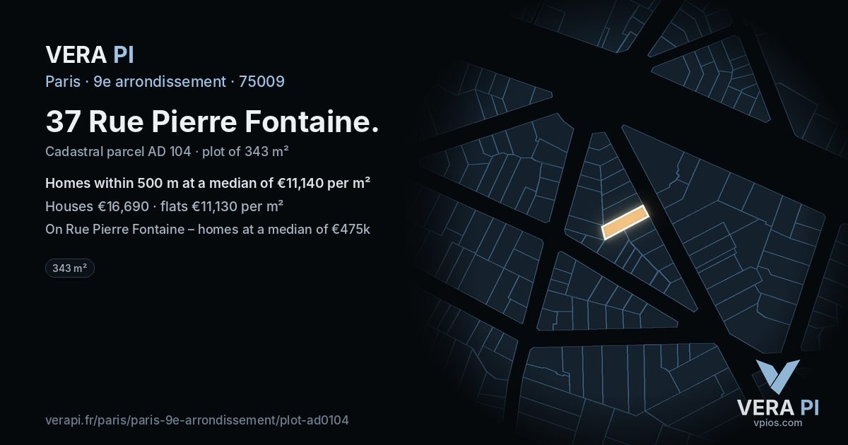 37 Rue Pierre Fontaine, 9e arrondissement at night – the plot lit, the parcels around coloured by the prices near them