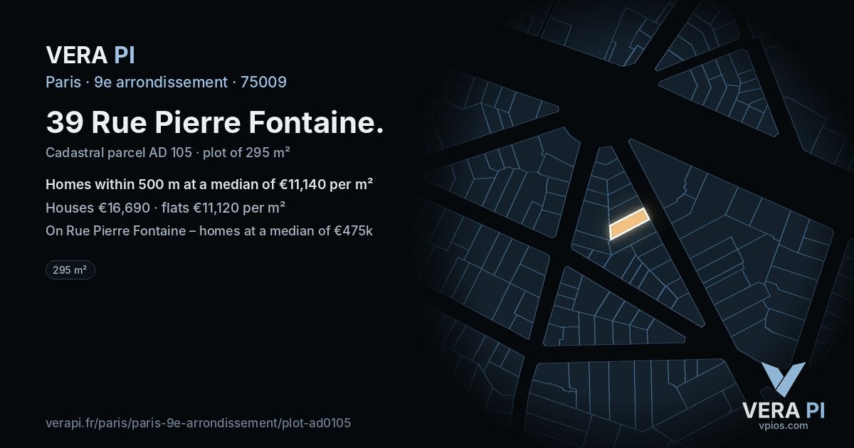 39 Rue Pierre Fontaine, 9e arrondissement at night – the plot lit, the parcels around coloured by the prices near them