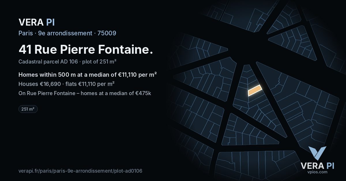 41 Rue Pierre Fontaine, 9e arrondissement at night – the plot lit, the parcels around coloured by the prices near them
