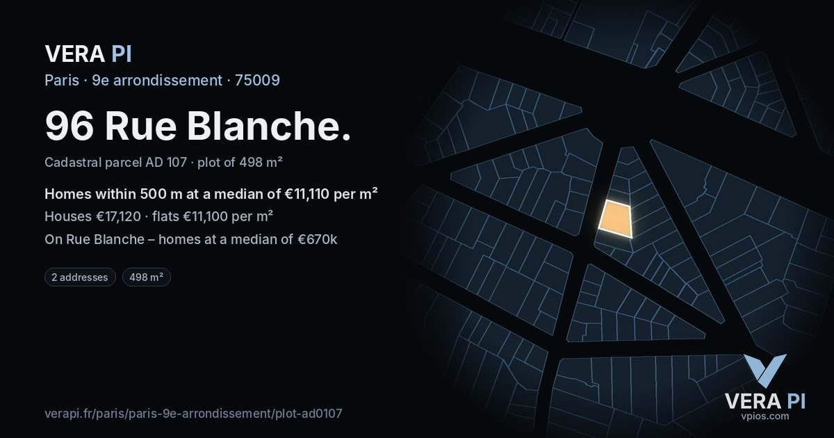 96 Rue Blanche, 9e arrondissement at night – the plot lit, the parcels around coloured by the prices near them