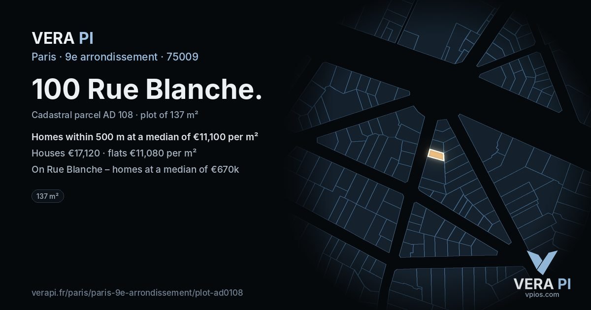 100 Rue Blanche, 9e arrondissement at night – the plot lit, the parcels around coloured by the prices near them
