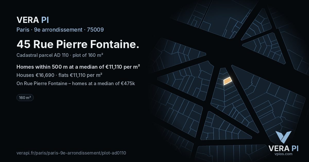 45 Rue Pierre Fontaine, 9e arrondissement at night – the plot lit, the parcels around coloured by the prices near them