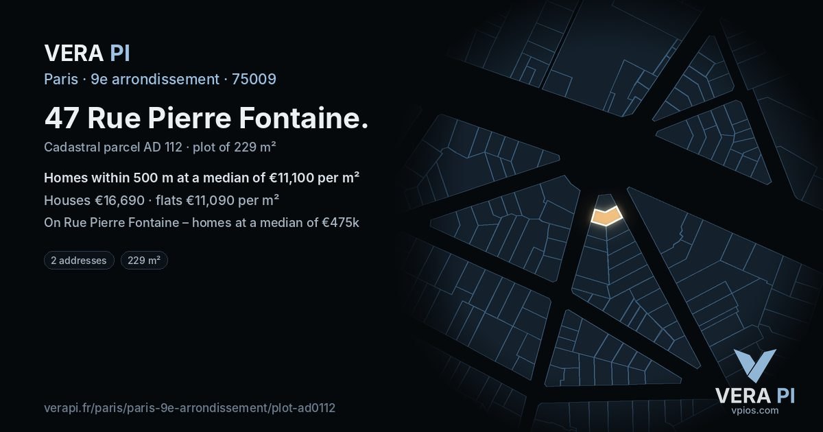 47 Rue Pierre Fontaine, 9e arrondissement at night – the plot lit, the parcels around coloured by the prices near them
