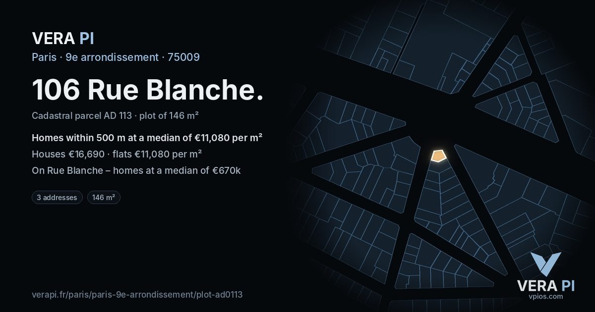 106 Rue Blanche, 9e arrondissement at night – the plot lit, the parcels around coloured by the prices near them