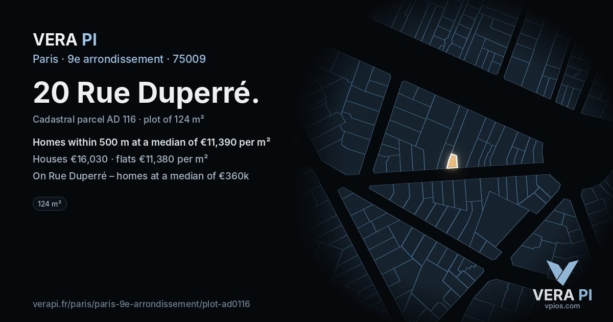 20 Rue Duperré, 9e arrondissement at night – the plot lit, the parcels around coloured by the prices near them