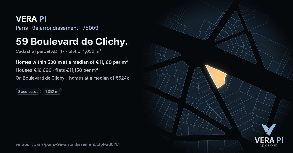 59 Boulevard de Clichy, 9e arrondissement at night – the plot lit, the parcels around coloured by the prices near them