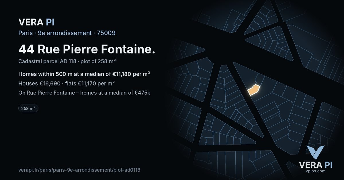 44 Rue Pierre Fontaine, 9e arrondissement at night – the plot lit, the parcels around coloured by the prices near them