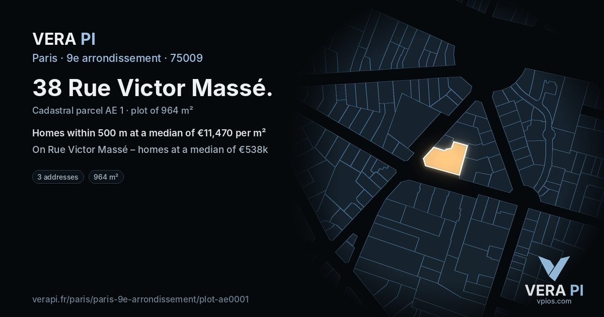 38 Rue Victor Massé, 9e arrondissement at night – the plot lit, the parcels around coloured by the prices near them