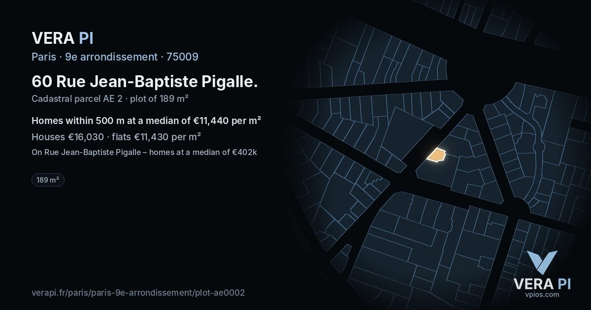 60 Rue Jean-Baptiste Pigalle, 9e arrondissement at night – the plot lit, the parcels around coloured by the prices near them