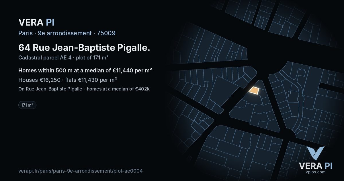 64 Rue Jean-Baptiste Pigalle, 9e arrondissement at night – the plot lit, the parcels around coloured by the prices near them