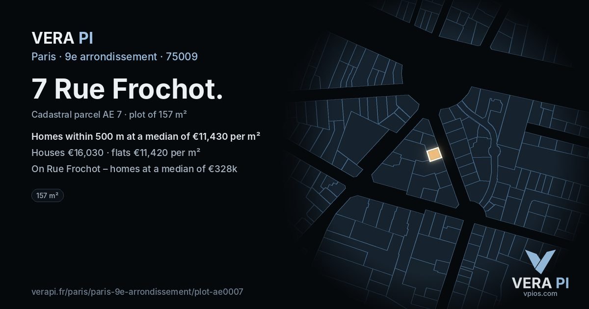7 Rue Frochot, 9e arrondissement at night – the plot lit, the parcels around coloured by the prices near them