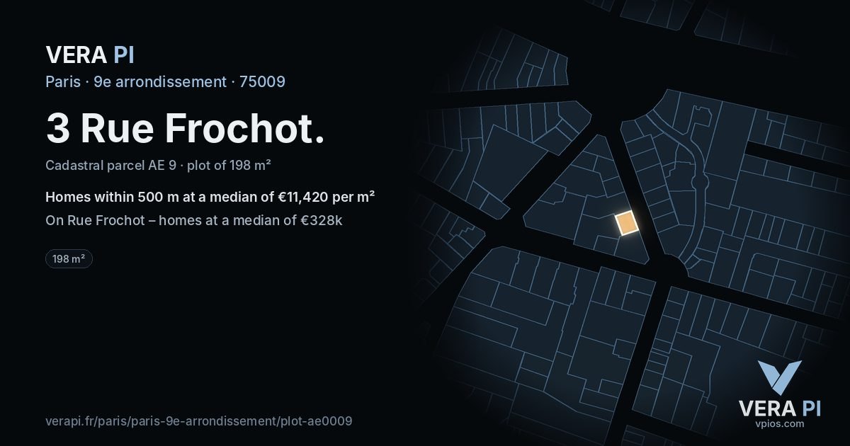 3 Rue Frochot, 9e arrondissement at night – the plot lit, the parcels around coloured by the prices near them