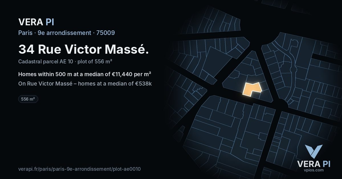 34 Rue Victor Massé, 9e arrondissement at night – the plot lit, the parcels around coloured by the prices near them
