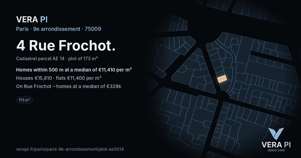 4 Rue Frochot, 9e arrondissement at night – the plot lit, the parcels around coloured by the prices near them