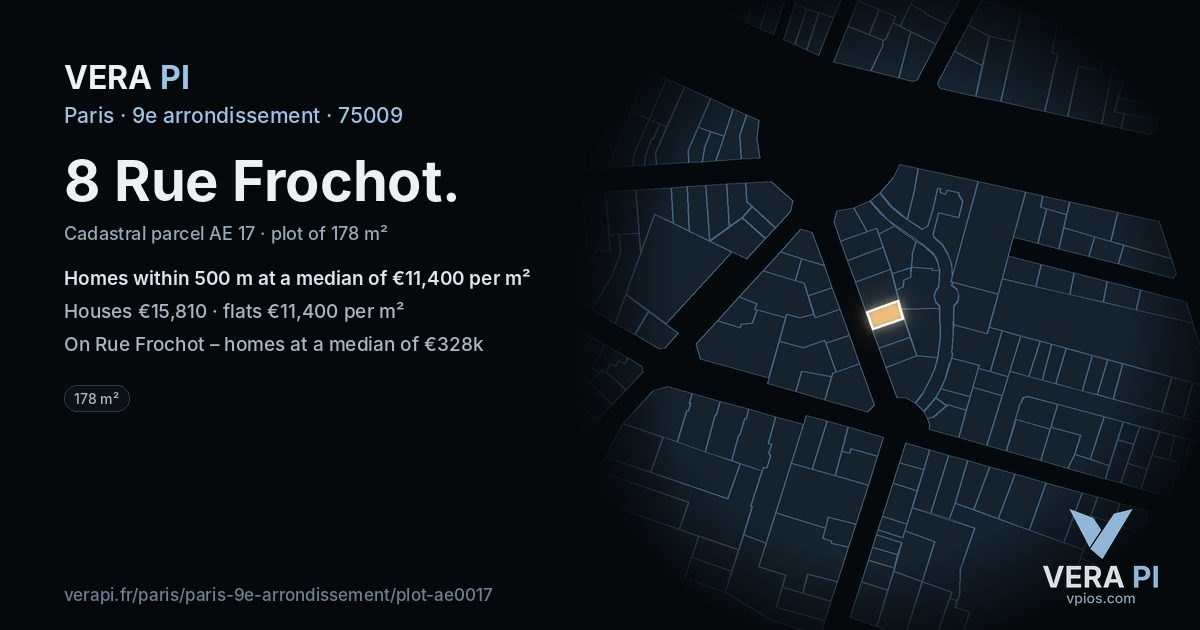 8 Rue Frochot, 9e arrondissement at night – the plot lit, the parcels around coloured by the prices near them
